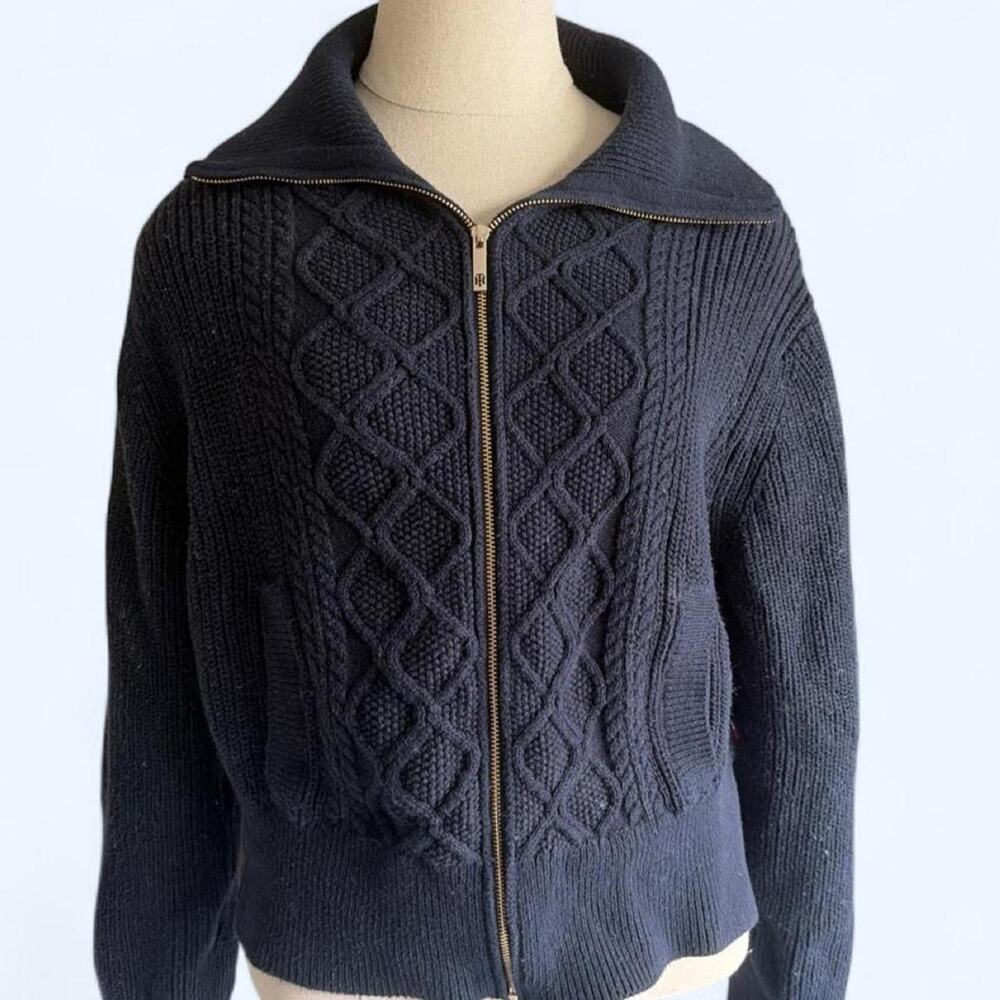 Tommy Hilfiger navy cable knit full zip sweater jacket size large y2k preppy